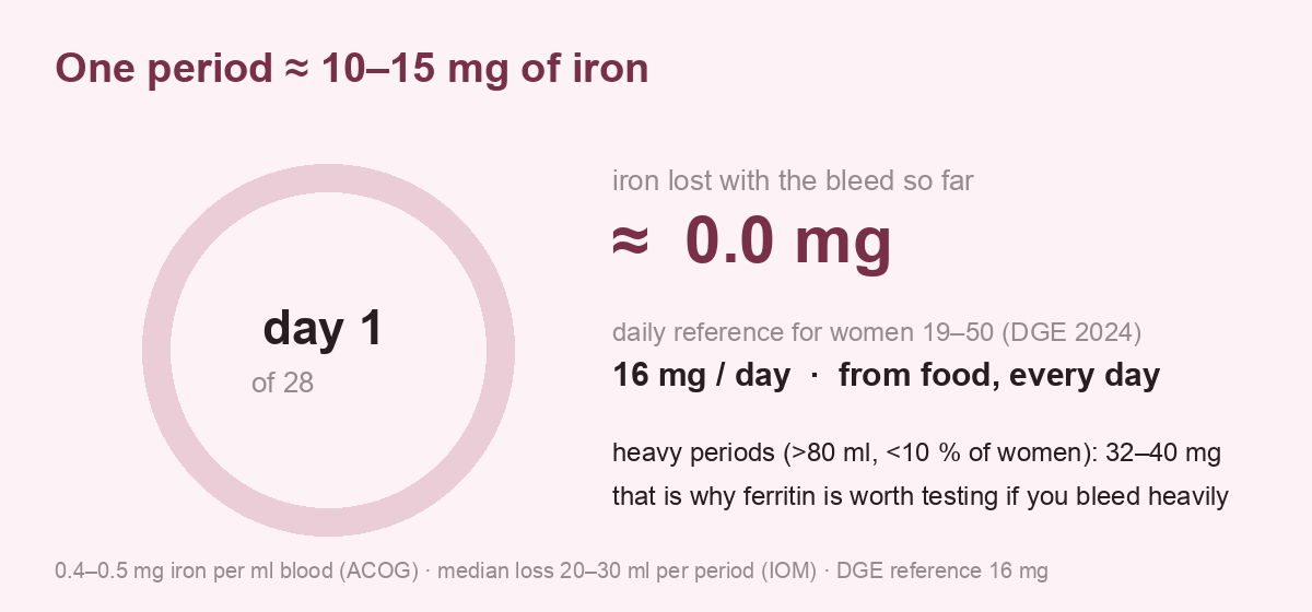 animation: a 28-day cycle ring, the first five days marked, counting up to about 12.5 mg of iron lost with the bleed; daily reference 16 mg