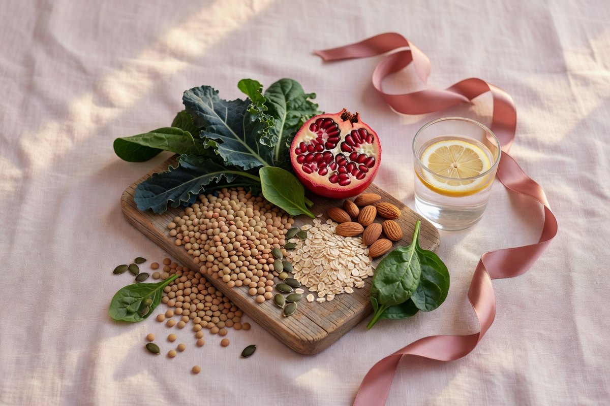 lentils, oats, pumpkin seeds, kale, spinach, pomegranate and a glass of water with lemon